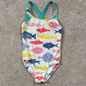 Mini Boden Girls One-Piece Swimsuit with Colorful Fish Print - size 5-6Y